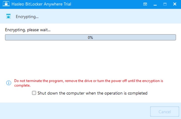 Encrypting in action in HasLeo BitLocker Anywhere.