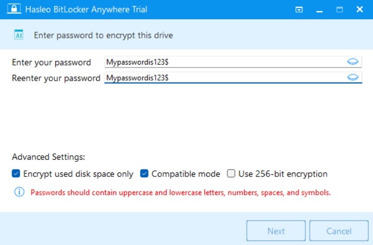 Enter and confirm your password in HasLeo encryption software.