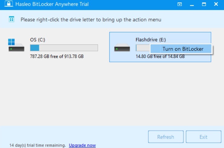Turn On Bitlocker with a Right Click in HasLeo dashboard.