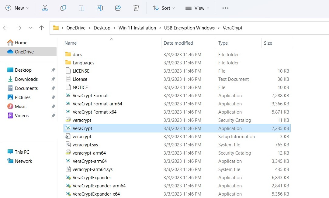 VeraCrypt application launched from Windows 11 folder.