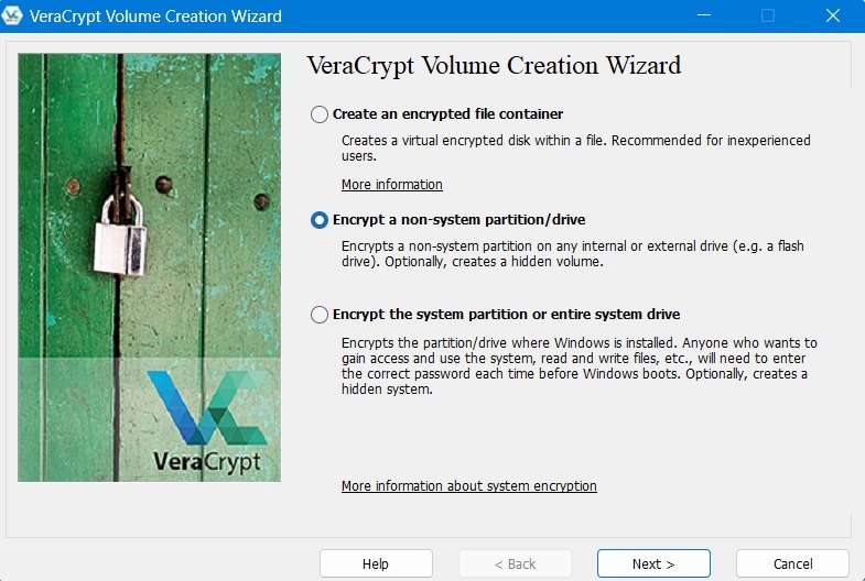 Encrypt a non-system partition drive in Windows for VeraCryptg.