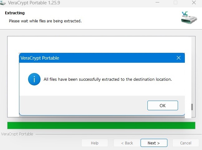 VeraCrypt files extracted to Windows folder location. 