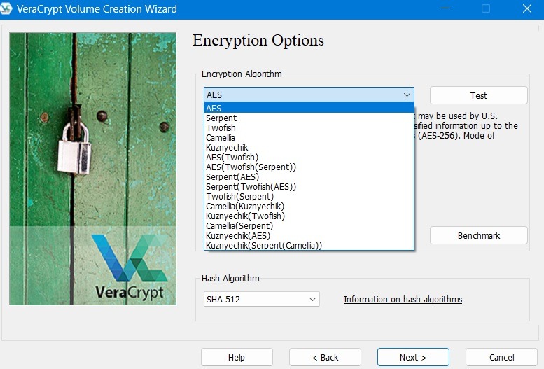 Select Encryption Options in VeraCrypt.
