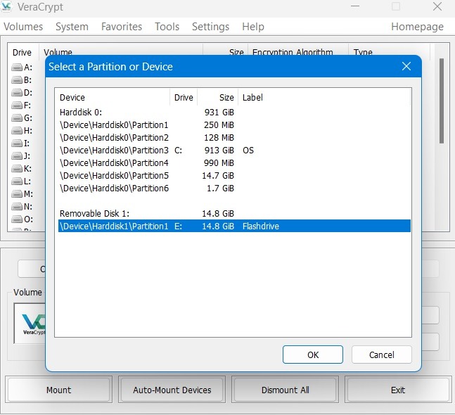 Select partition or drive in VeraCrypt Select Device option. 