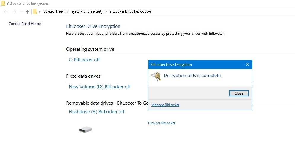Decryption complete message for BitLocker in Windows 10.