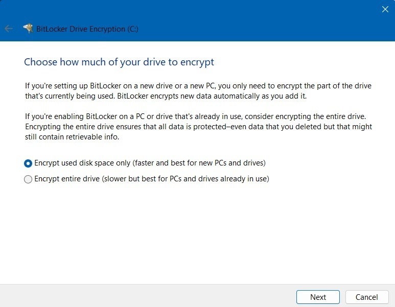 Select how much of the USB drive is to be encrypted in BitLocker Drive Encryption. 