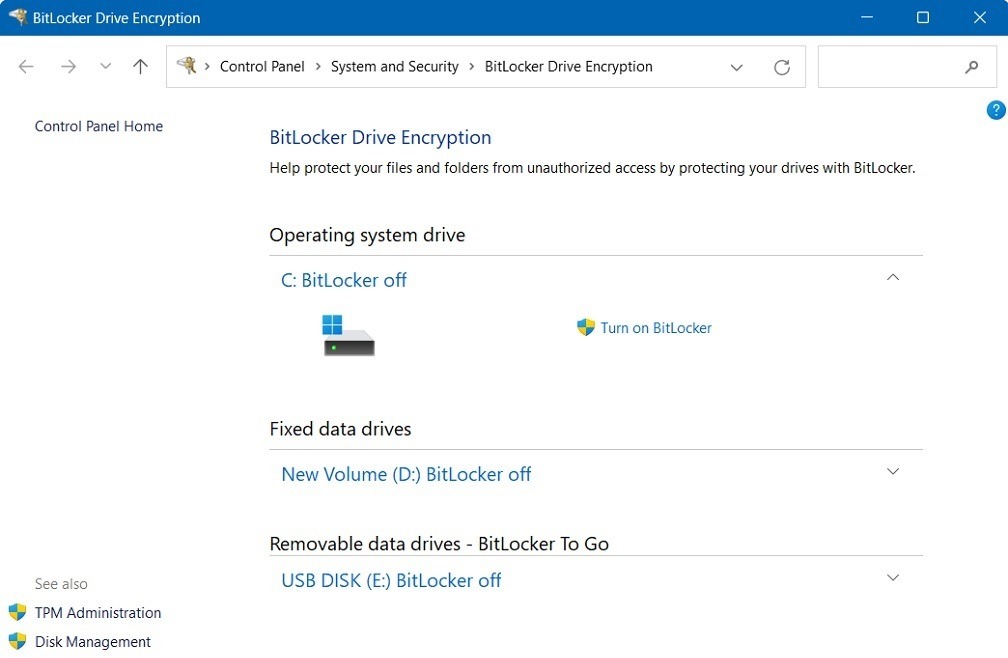 Turn on Bitlocker option in BitLocker Drive Encryption menu of Control Panel