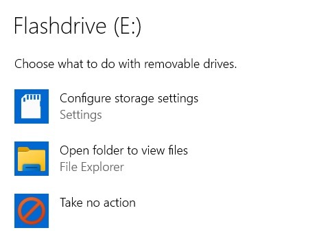 Options after Autoplay message of USB drive: Open folder to view files. 