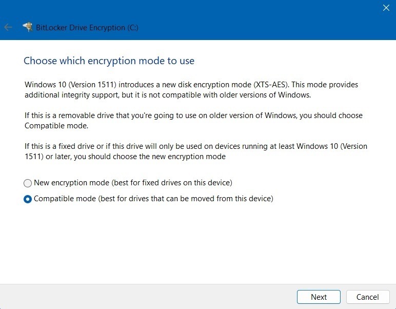Windows BitLocker Drive encryption mode used - New and compatibility mode. 