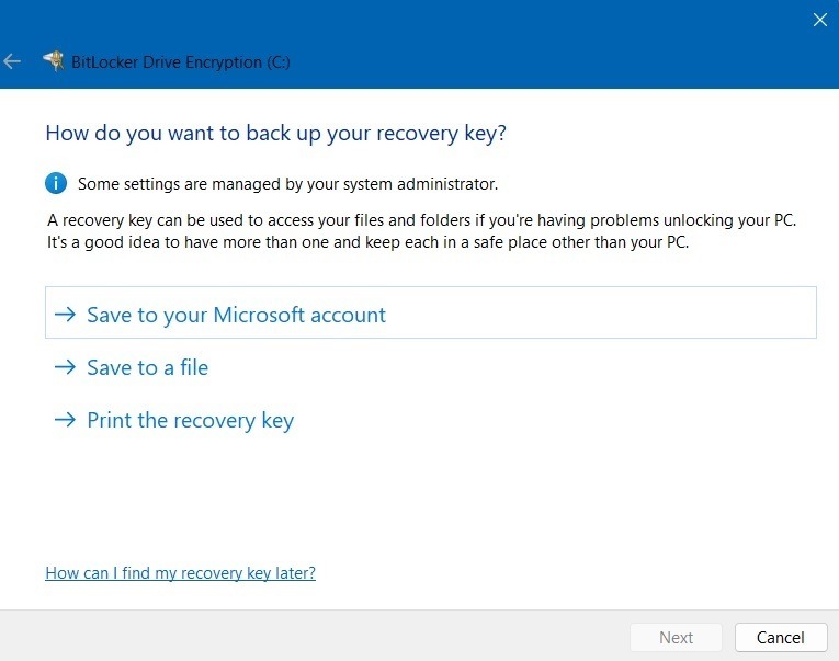 Set up recovery key to unlock PC in BitLocker Drive Encryption for Windows 11. 