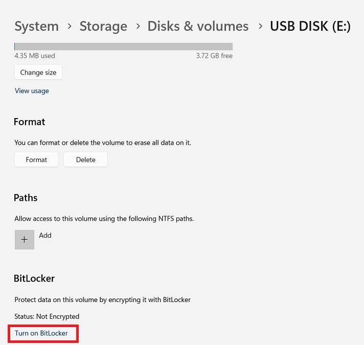 Turn on BitLocker option in System Storage Disks & Volumes of Windows 11.