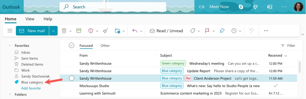 Favorite category in Outlook on the web