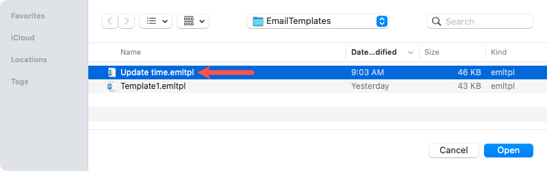 Template selected to open on Mac