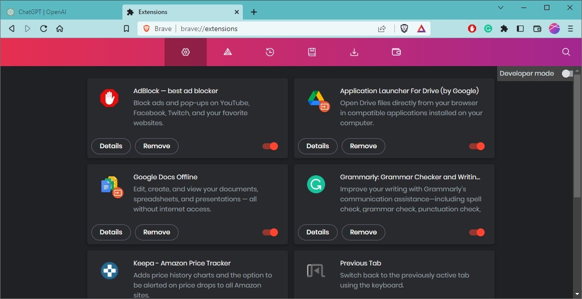 Removing extensions from Brave browser.