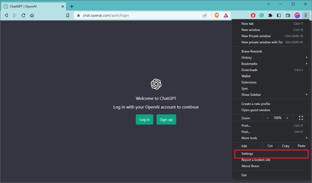 Clicking on Settings in Brave browser.