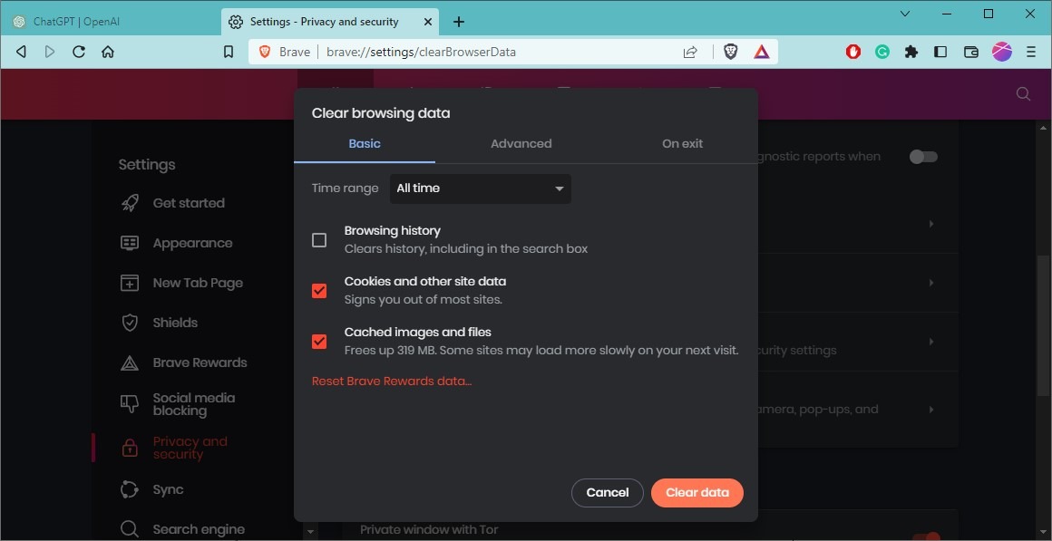 Clearing browsing data in Brave browser.