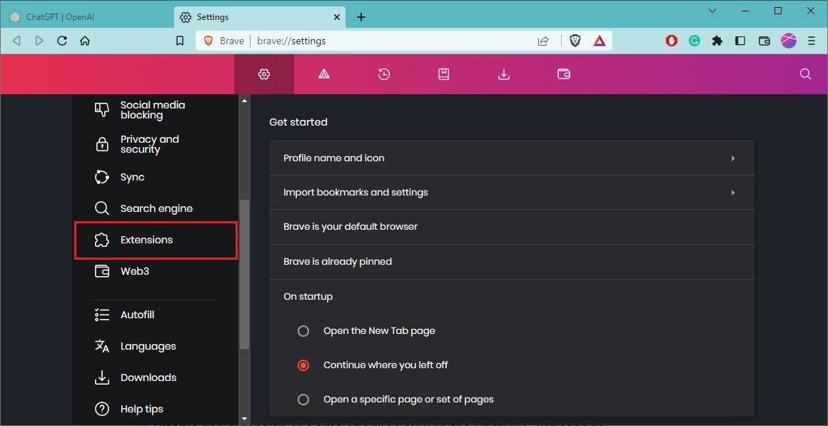 Extension options in Brave browser. 