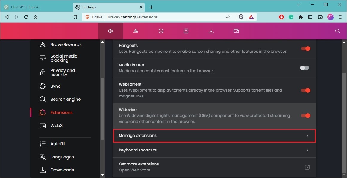 "Manage extensions" option in Brave browser.