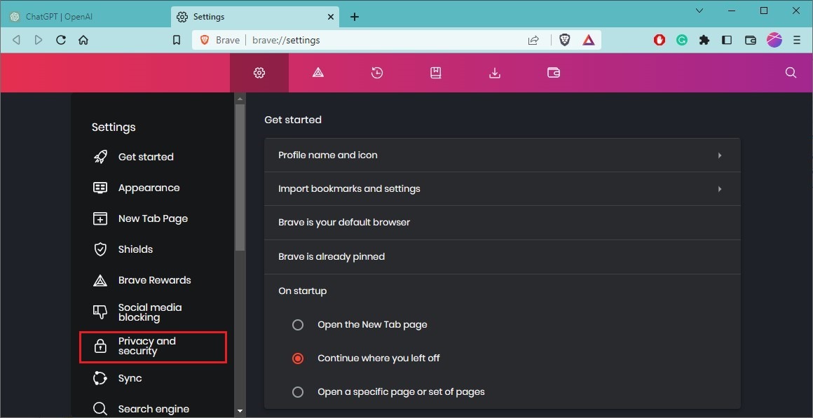 "Privacy and security" options in Brave browser.