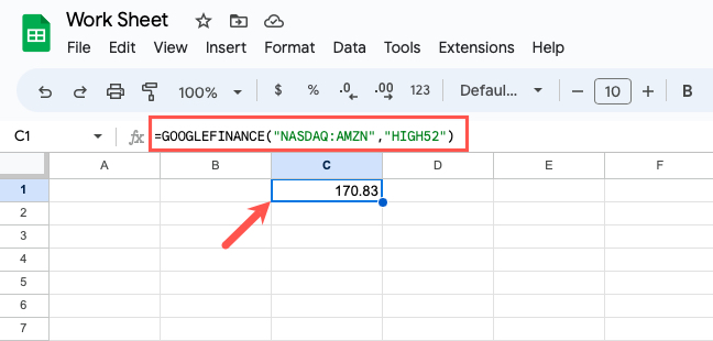 GOOGLEFINANCE formula for Amazon's 52 week high