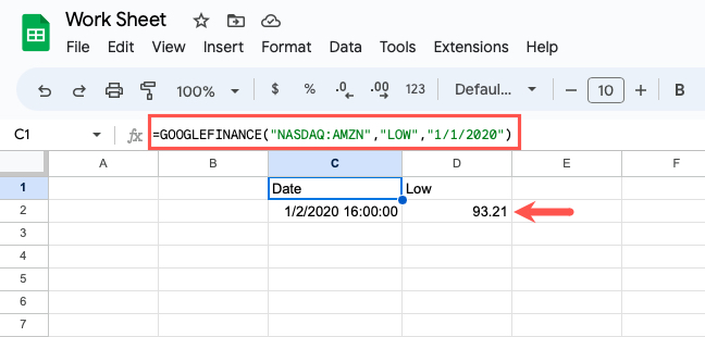 GOOGLEFINANCE formula for Amazon's low on a certain date