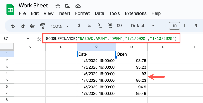 GOOGLEFINANCE formula for Amazon's open with start and end dates