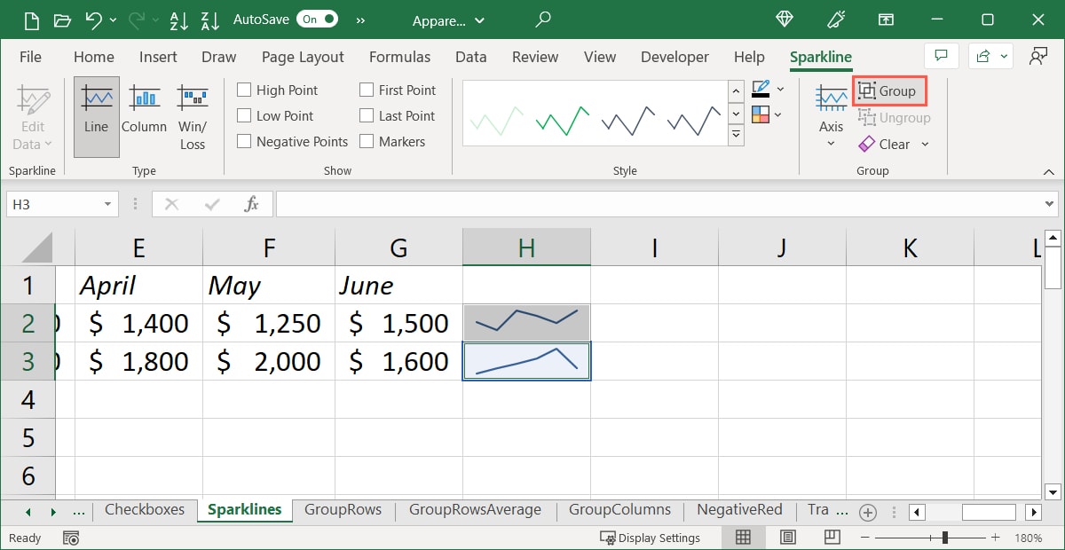 Group on the Sparklines tab