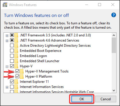 Check "Hyper-V Management Tools" and "Hyper-V Platforms" in Windows Features. 