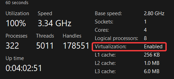 Checking the "Virtualization" setting in the "Performance" tab in Task Manager.