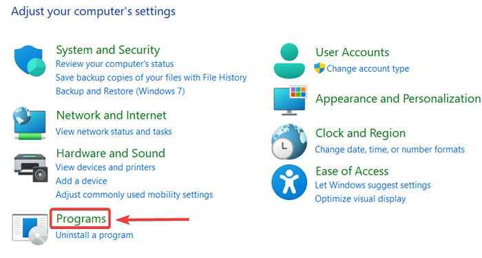 Clicking on "Programs" in Control Panel. 