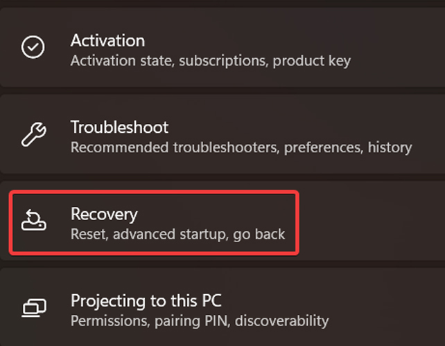 Clicking on "Recovery" from System tab in Settings.