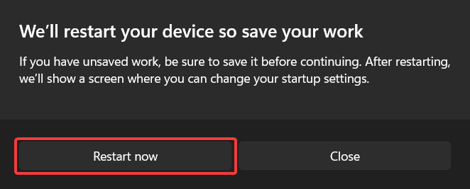 Confirm restart now pop-up.