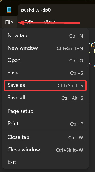 Clicking on "Save as" option in Notepad.