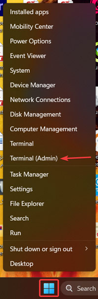 Clicking on Terminal (Admin) from WinX menu.