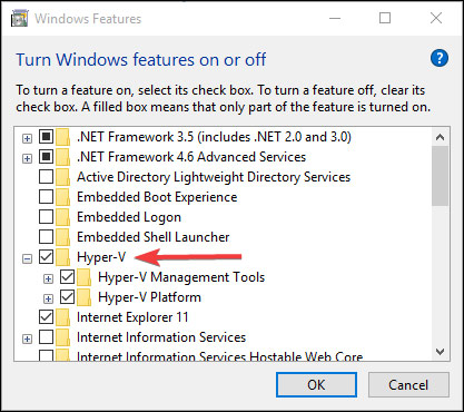 Finding Hyper-V from the list of Windows features.  