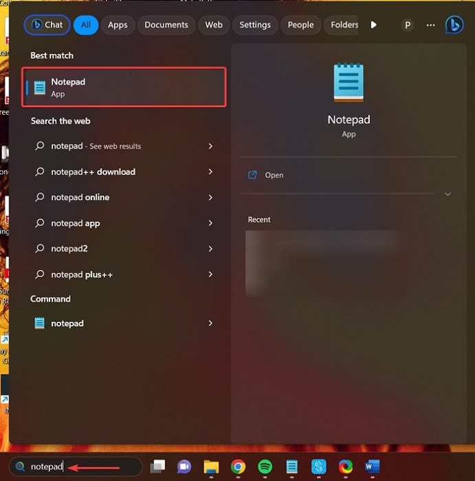 Typing "Notepad" in Windows Search.
