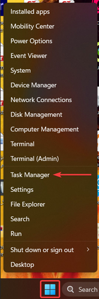 Selecting Task Manager from the WinX menu.