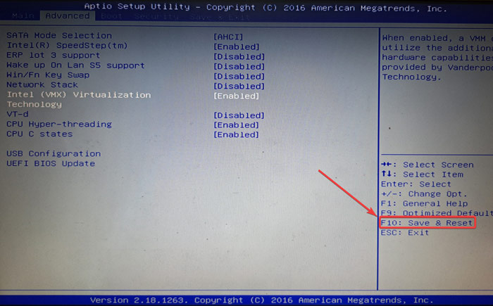 Selecting "Saving & Reset" option in BIOS.