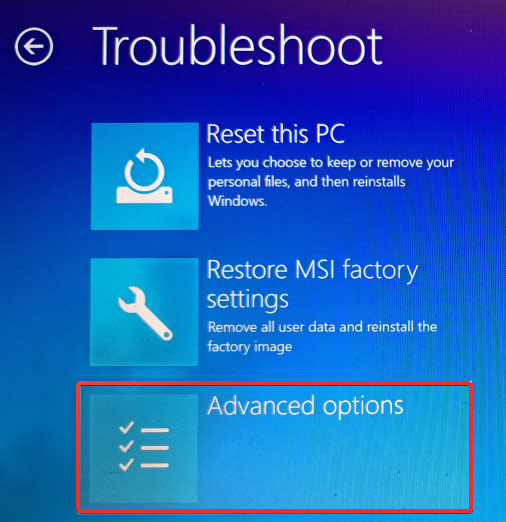 Select "Advanced options" from restart menu. 