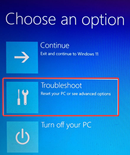 Select "Troubleshoot" option from restart menu.