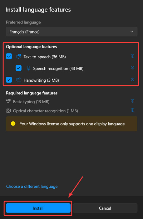 Optional language features up for installation in Windows Settings.