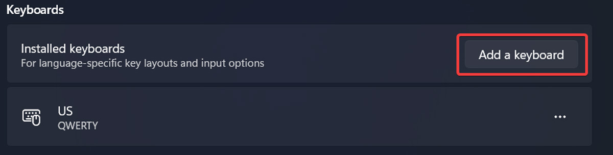 Clicking on "Add a keyboard" option in Windows Settins.