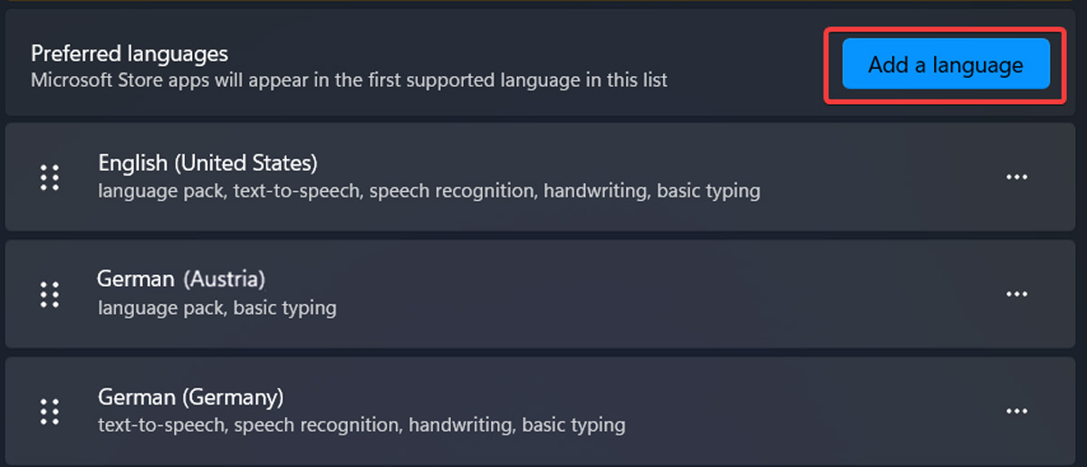 Clicking on the "Add a language" button in Windows Settings.