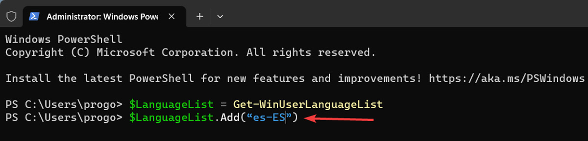 Setting a new language via PowerShell in Windows.