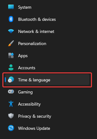 Selecting "Time & language" option from leftside menu in Windows Settings.