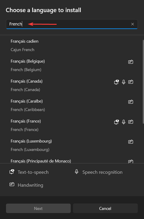 Searching for a new language keyboard to install in Windows Settings.