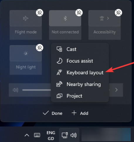 Selecting "Keyboard layout" option from Quick Settings.