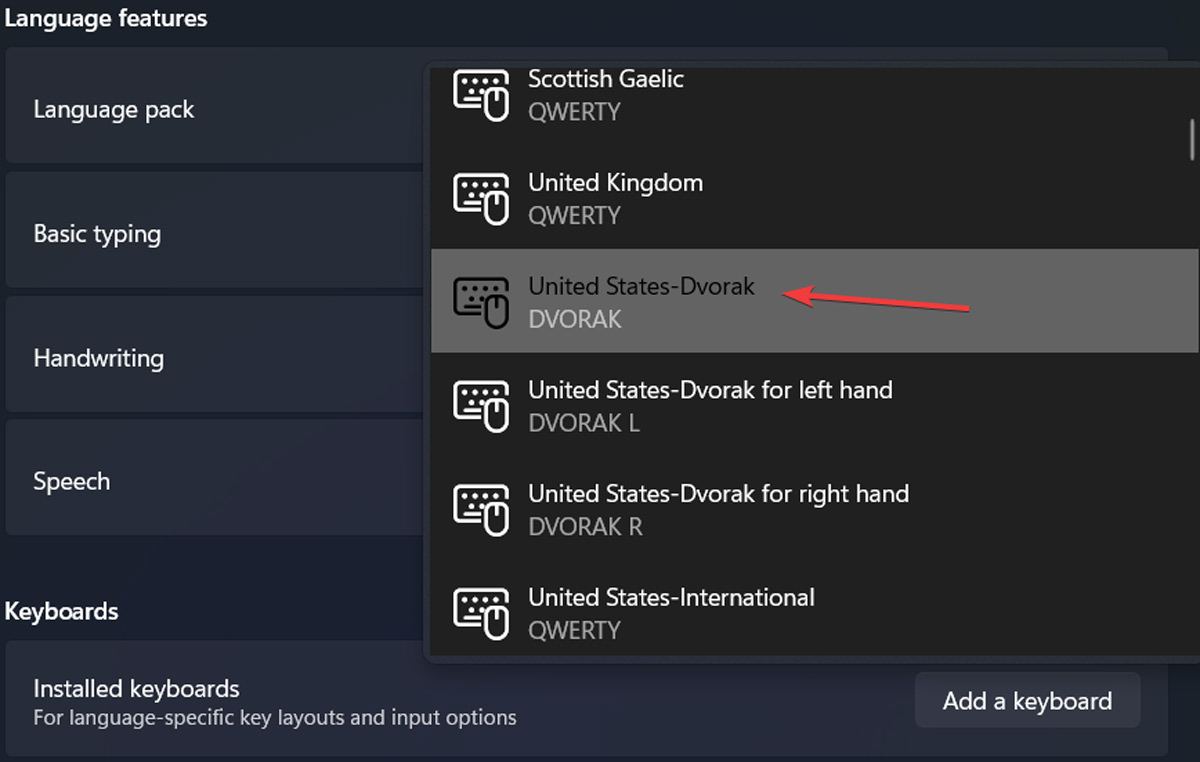 Selecting alternative key layout for keyboard.