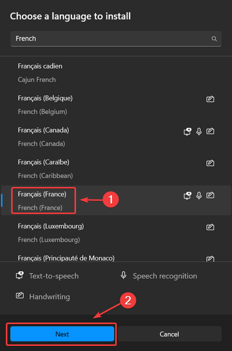 Selecting of desired language and clicking "Next" button in Windows Settings.