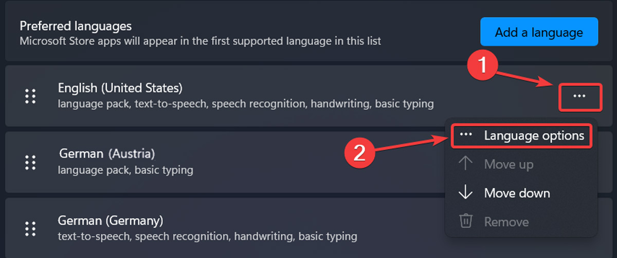 Selecting "Language options" from dropdown menu next to language in Windows Settings.